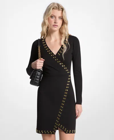 Michael Kors Women's Astor Stud Long Sleeve Wrap Mini Dress In Black