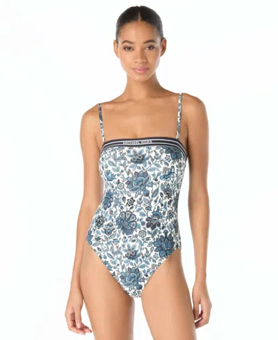 Michael Kors Women's Bandeau Neck Printed One-piece Swimsuit In Blue