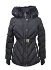 Michael Kors Women's Belted Down Chevron Scutab Stretch Quilted Faux Fur Coat Jacket In Black In Black