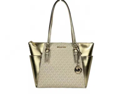 Michael Kors Women's Charlotte Leather Top Zip Tote Bag Purse Large In Gold