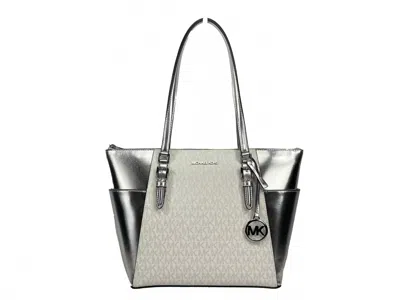 Michael Kors Women's Charlotte Leather Top Zip Tote Bag Purse Large In Silver