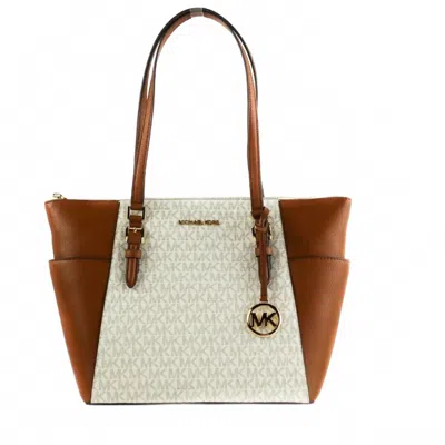 Michael Kors Women's Charlotte Leather Top Zip Tote Handbag Bag Large In Vanilla In White
