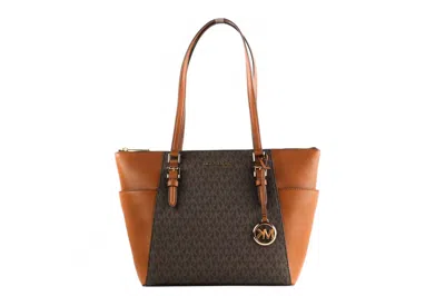 Michael Kors Women's Charlotte Signature Leather Top Zip Tote Handbag Bag Large In Brown
