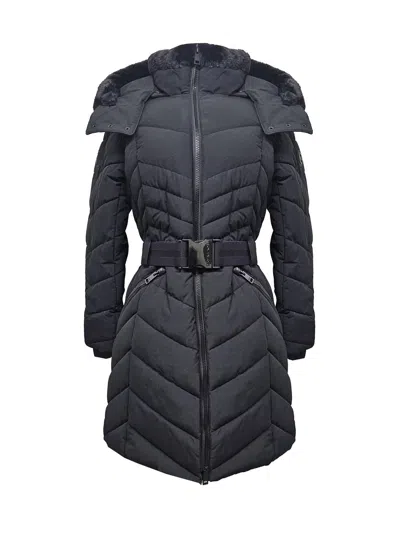 Michael Kors Women's Chevron Belted Scuba Coat With Removable Hood In Black