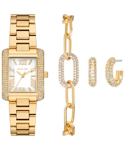 Michael Kors Women's Emery Three-hand Gold-tone Stainless Steel Watch, Earrings And Bracelet Gift Set 27mm