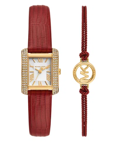 Michael Kors Women's Emery Three-hand Red Leather Watch 22mm And Bracelet Cny Gift Set