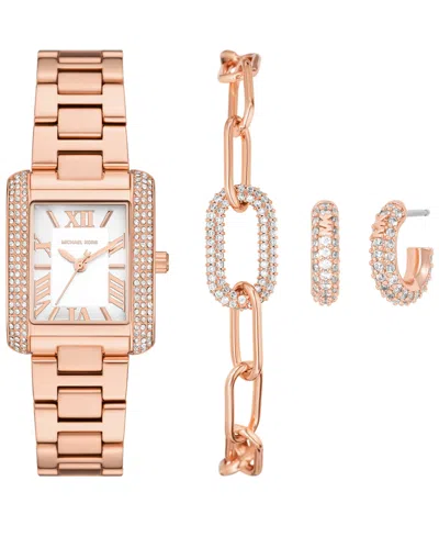 Michael Kors Women's Emery Three-hand Rose Gold-tone Stainless Steel Watch, Earrings, And Bracelet Gift Set 27mm