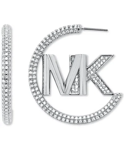 Michael Kors Women's Faceted Mk Pave Hoop 14k Gold Plated Brass With Clear Stones In Silver