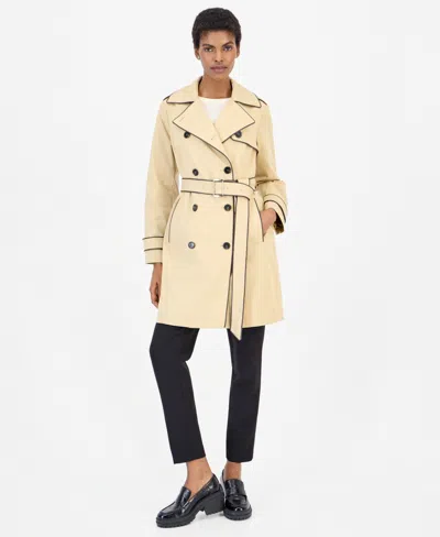 Michael Kors Women's Faux Leather-trim Button-front Trench Coat, Created For Macy's In Brown