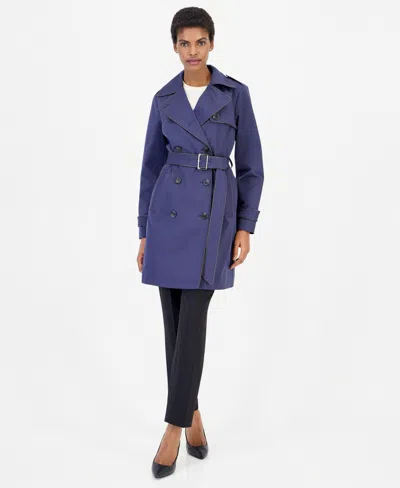 Michael Kors Women's Faux Leather-trim Button-front Trench Coat, Created For Macy's In Blue