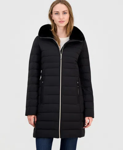 Michael Kors Women's Faux-fur-collar Hooded Packable Puffer Coat In Black