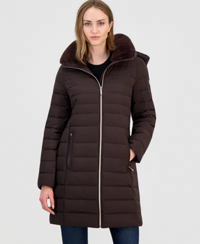 Michael Kors Women's Faux-fur-collar Hooded Packable Puffer Coat In Brown