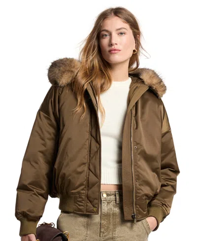 Michael Kors Faux Fur-trimmed Waxed Satin Hooded Bomber Jacket In Brown
