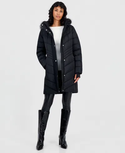 Michael Kors Women's Hooded Faux-fur Trim Puffer Coat In Black
