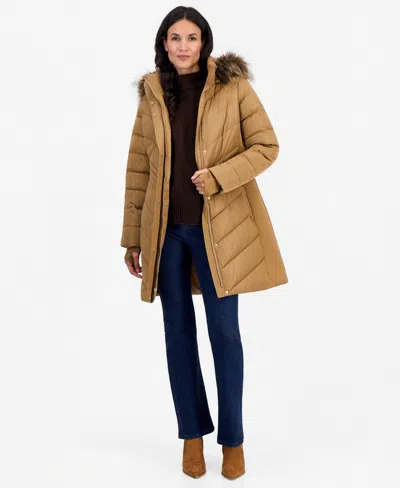 Michael Kors Women's Hooded Faux-fur Trim Puffer Coat In Brown