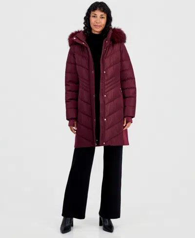 Michael Kors Women's Hooded Faux-fur Trim Puffer Coat In Burgundy