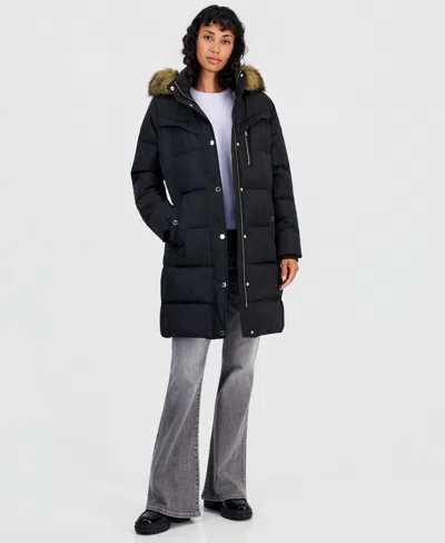 Michael Kors Women's Hooded Puffer Faux-fur-trim Coat, Created For Macy's In Black
