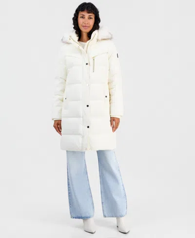 Michael Kors Women's Hooded Puffer Faux-fur-trim Coat, Created For Macy's In White