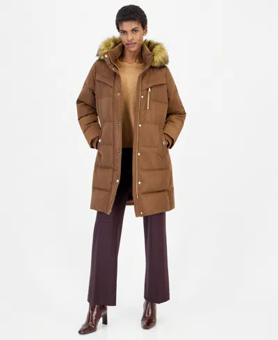 Michael Kors Women's Hooded Puffer Faux-fur-trim Coat, Created For Macy's In Brown