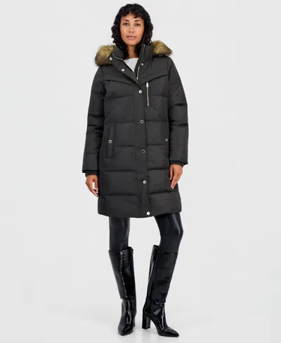 Michael Kors Women's Hooded Puffer Faux-fur-trim Coat, Created For Macy's In Black