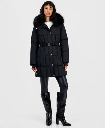 Michael Kors Women's Hooded Quilted Faux-fur-trim Puffer Coat In Black