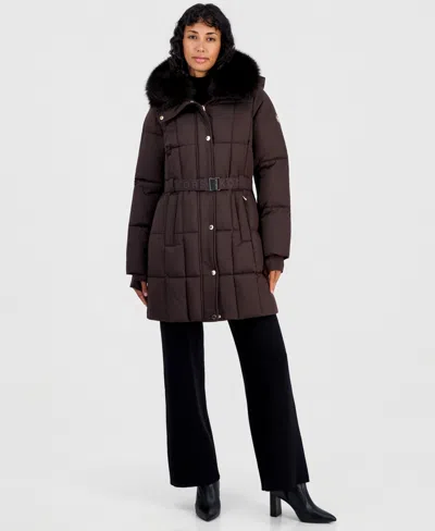 Michael Kors Women's Hooded Quilted Faux-fur-trim Puffer Coat In Chocolate