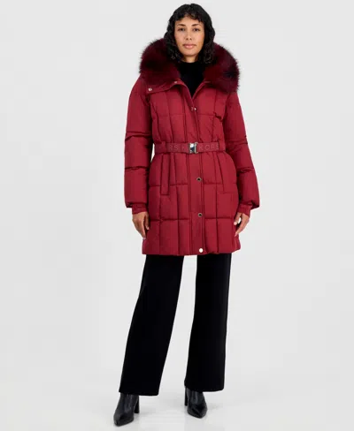 Michael Kors Women's Hooded Quilted Faux-fur-trim Puffer Coat In Deep Red