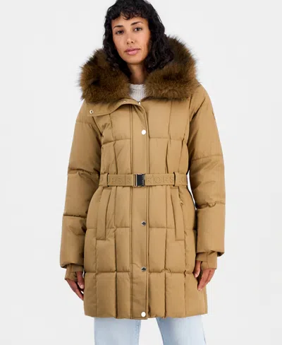 Michael Kors Women's Hooded Quilted Faux-fur-trim Puffer Coat In Dk Camel