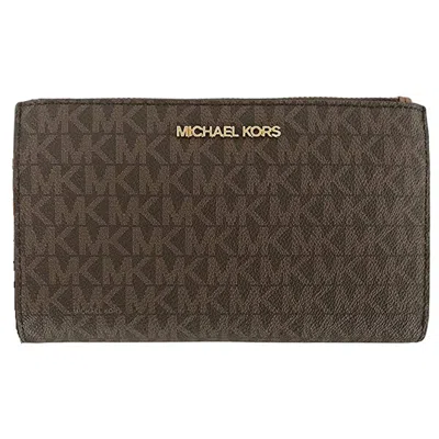 Michael Kors Women's Jet Set Travel Mk Signature Double Zip Wristlet Wallet In Vanilla Mk Pvc