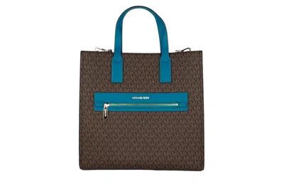 Michael Kors Women's Kenly Mk Signature Shoulder Tote Bag In Blue Lagoon/brown Mk