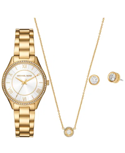 Michael Kors Women's Lauryn Three-hand Gold-tone Stainless Steel Watch, Earrings And Necklace Gift Set 33mm