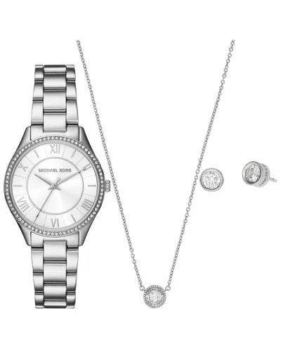 Michael Kors Women's Lauryn Three-hand Stainless Steel Watch, Earrings And Necklace Gift Set 33mm In Silver-tone