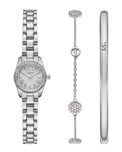 Michael Kors Women'sâ Lexington Three-hand Silver-tone Stainless Steel Watch, 19mm And Bracelet Gift Set