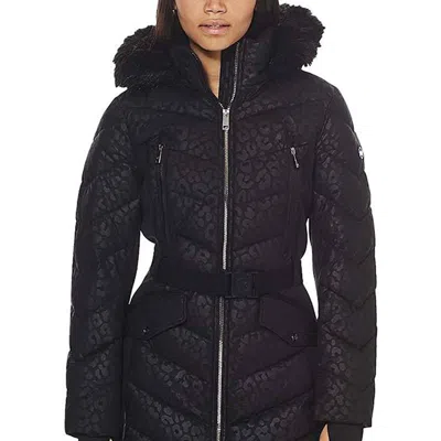 Michael Kors Logo Leopard Belted Hooded Down Puffer Coat In Black In Blue