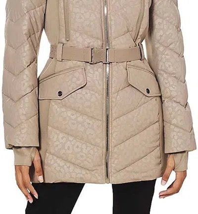 Michael Kors Logo Leopard Belted Hood Puffer Coat In Taupe In Beige