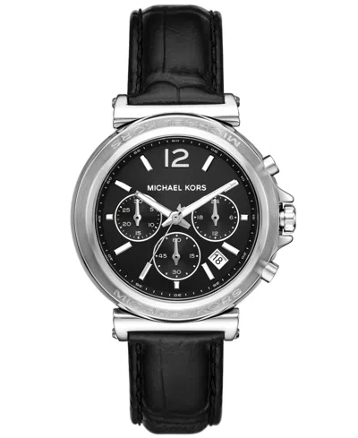 Michael Kors Oversized Maren Silver-tone And Crocodile Embossed Leather Watch In Black
