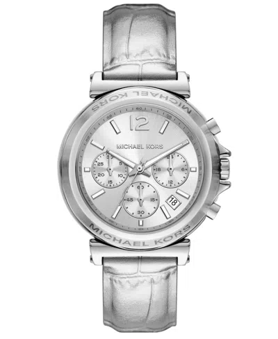 Michael Kors Women's Maren Chronograph Silver Metallic Leather Watch 40mm In Silver-tone