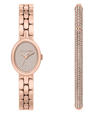 Michael Kors Women's Maude Three-hand Rose Gold-tone Stainless Steel Watch And Bracelet Set, 21mm In Orange