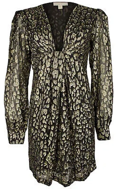 Pre-owned Michael Kors Women's Metallic Cheetah Jacquard Mini Dress In Black Gold