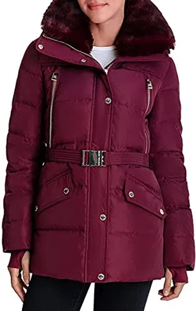 Michael Kors Belted Down Quilted Jacket Coat In Dark Ruby In Red