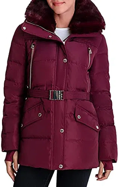 Michael Kors Belted Down Quilted Jacket Coat In Dark Ruby In Multi