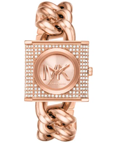 Michael Kors Women's Mk Chain Lock Three-hand Rose Gold-tone Stainless Steel Watch 25mm In Pink