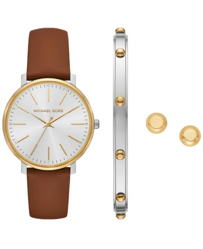Michael Kors Women's Pyper Three-hand Luggage Leather Watch And Jewelry Set, 38mm In Brown