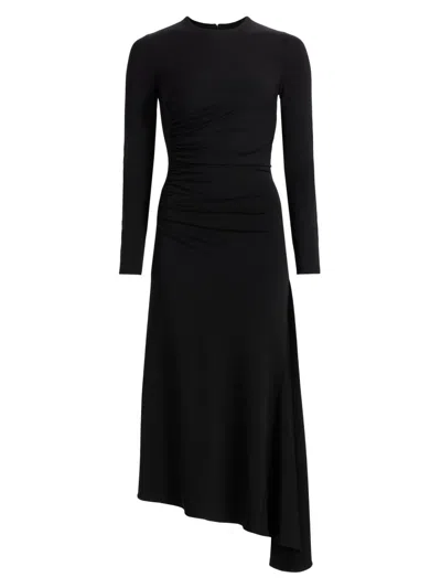 Michael Kors Ruched Long-sleeve Asymmetric Midi Dress In Black