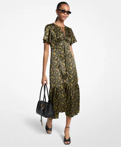 Michael Kors Women's Ruffled Sleeve Floral Midi Dress In Green