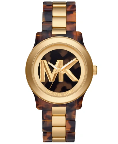 Michael Kors Women's Runway Quartz Three-hand Brown Acetate And Gold-tone Stainless Steel Watch 38mm In Two-tone