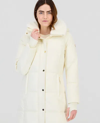 Michael Kors Women's Sherpa-lined Puffer Coat With Detachable Faux Fur Collar, Created For Macy's In White
