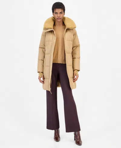 Michael Kors Women's Sherpa-lined Puffer Coat With Detachable Faux Fur Collar, Created For Macy's In Neutral