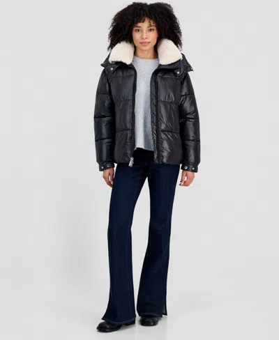 Michael Kors Women's Shine Hooded Sherpa Puffer Coat In Black