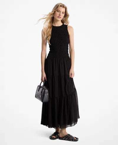 Michael Kors Women's Smocked Scoop Neck Fit & Flare Dress In Black